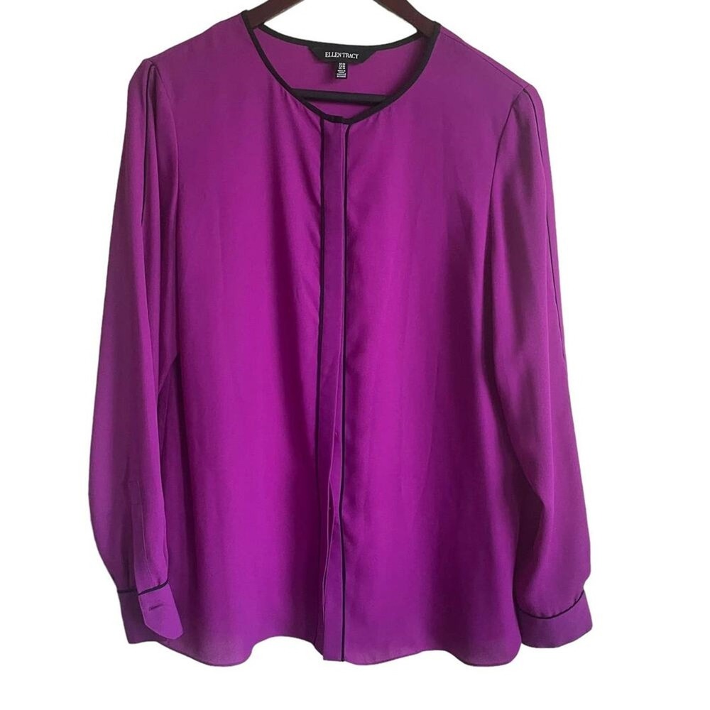 Ellen Tracy Women Blouse 10 Purple Button Front Crepe Modern Chic‎ Workwear Top